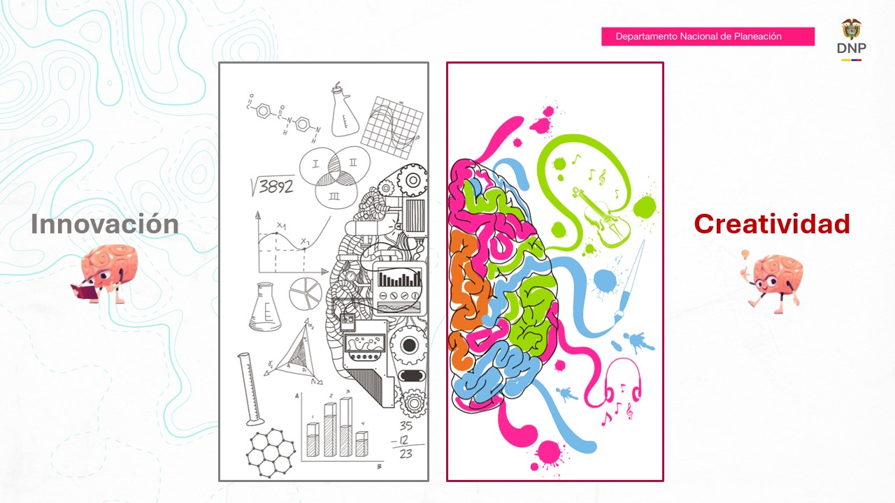 La imagen compara Innovación y Creatividad: un cerebro técnico en blanco y negro a la izquierda y uno colorido y artístico a la 